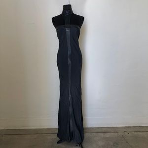 Navy Long Silk Halter Dress With Leather Trim